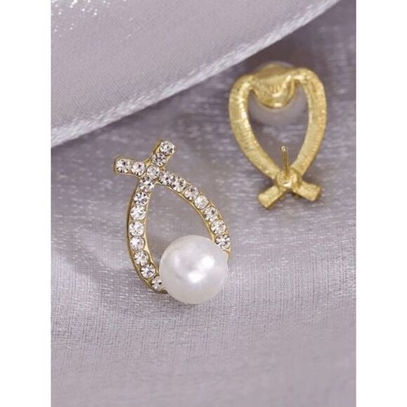 PEARL DIAMOND GOLD STUD EARRINGS - Picture 3 of 4
